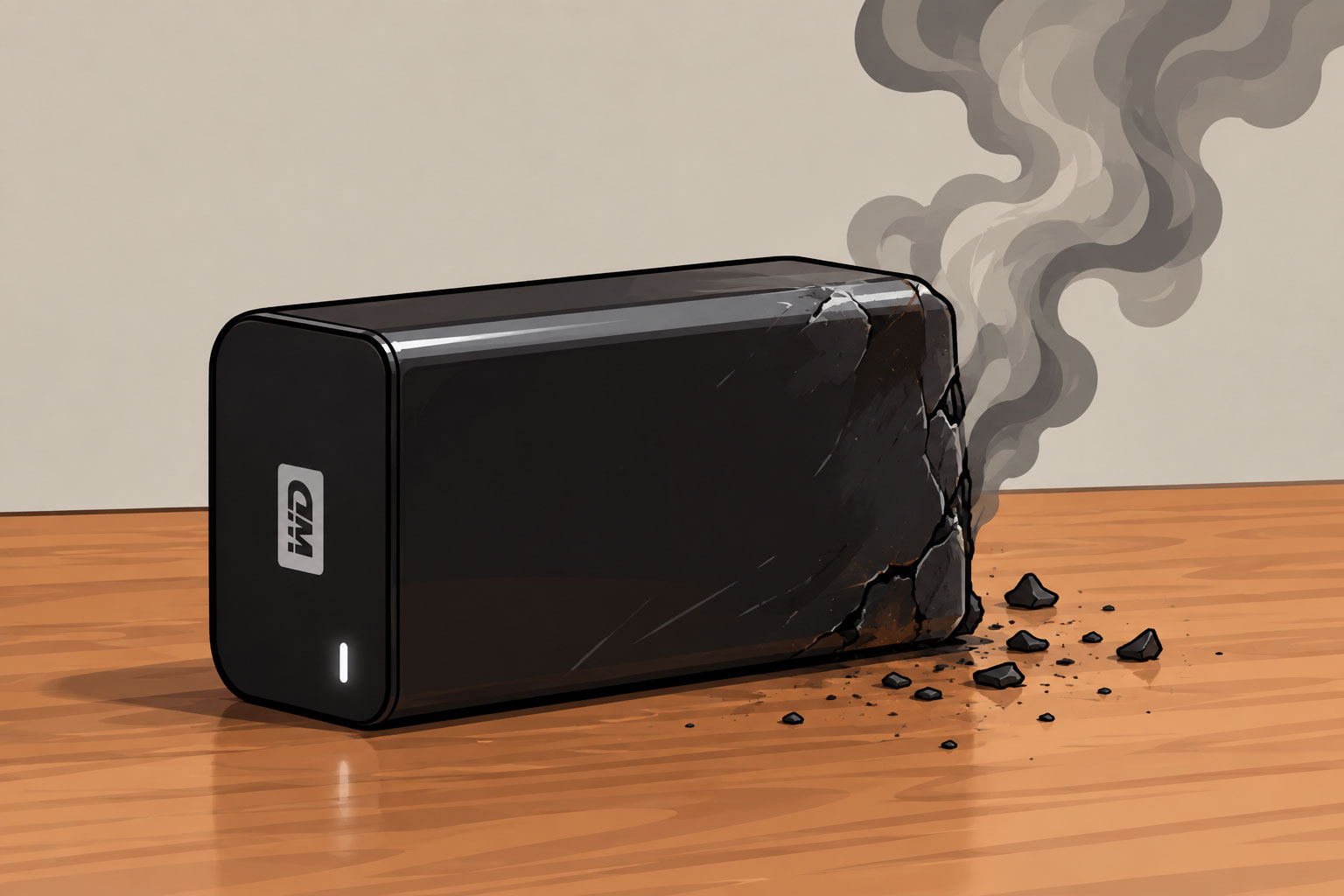 Damaged external hard drive after a data loss accident